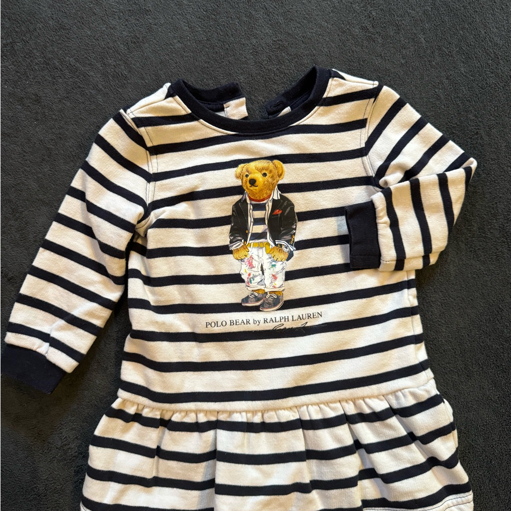 Nwt Ralph Lauren Baby Long Sleeve Dress Polo Bear Blue Stripe 12 M